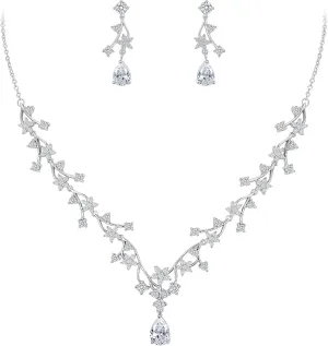 EVER FAITH Gorgeous Wedding Jewelry Set for Bridal White Teardrop Round CZ Flower Cluster Vine Necklace Earrings Sets