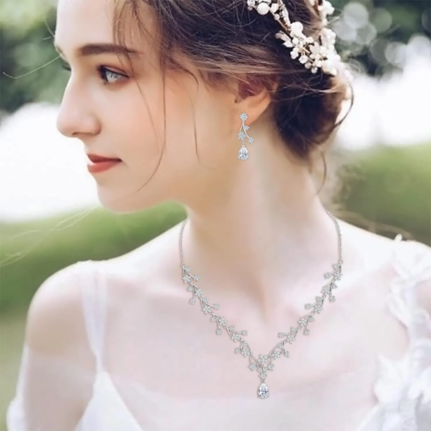 EVER FAITH Gorgeous Wedding Jewelry Set for Bridal White Teardrop Round CZ Flower Cluster Vine Necklace Earrings Sets