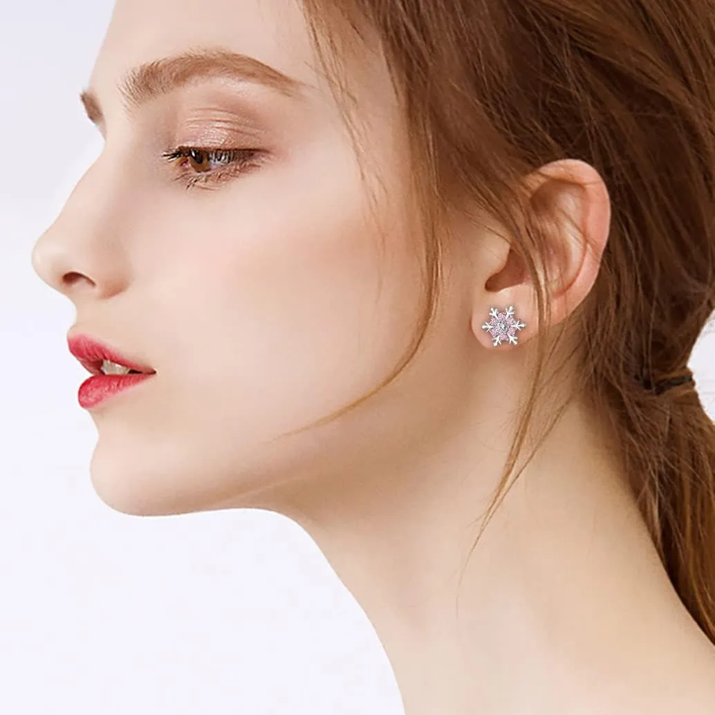 EVER FAITH Holiday Jewelry 925 Sterling Silver Full Cubic Zirconia Snowflake Flower Stud Earrings Christmas Winter Accessories Gifts for Women