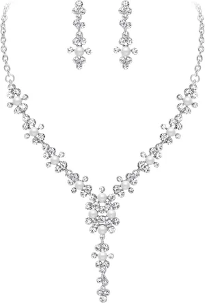 EVER FAITH Wedding Austrian Crystal Jewelry Set for Women, Simulated Pearl Ivory Color Flower Necklace Earrings Sets for Bride Bridesmaid Clear