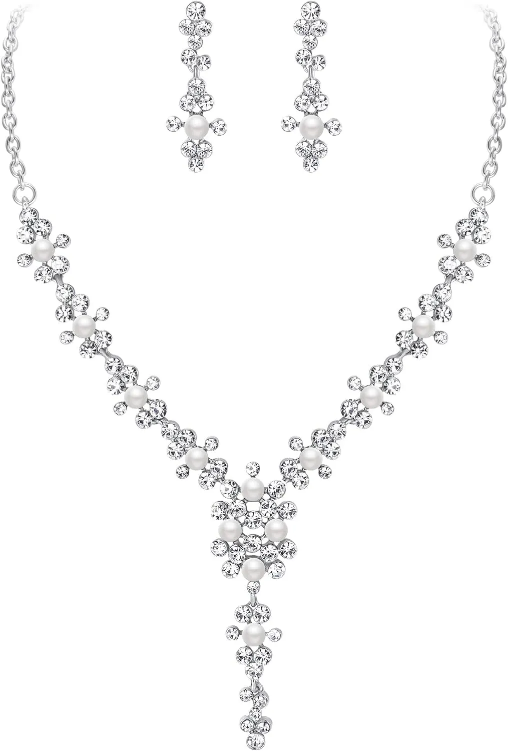 EVER FAITH Wedding Austrian Crystal Jewelry Set for Women, Simulated Pearl Ivory Color Flower Necklace Earrings Sets for Bride Bridesmaid Clear