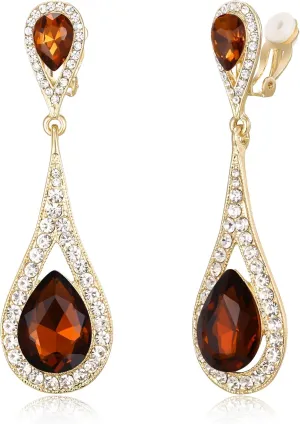 EVER FAITH Wedding Bride Earring for Woman, Austrian Crystal Elegant Dual Tear Drop Clip-on Dangle Earrings
