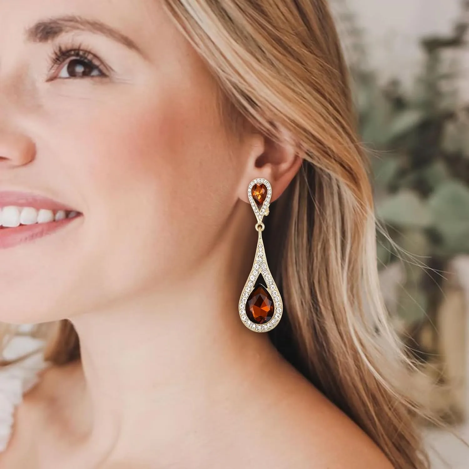 EVER FAITH Wedding Bride Earring for Woman, Austrian Crystal Elegant Dual Tear Drop Clip-on Dangle Earrings