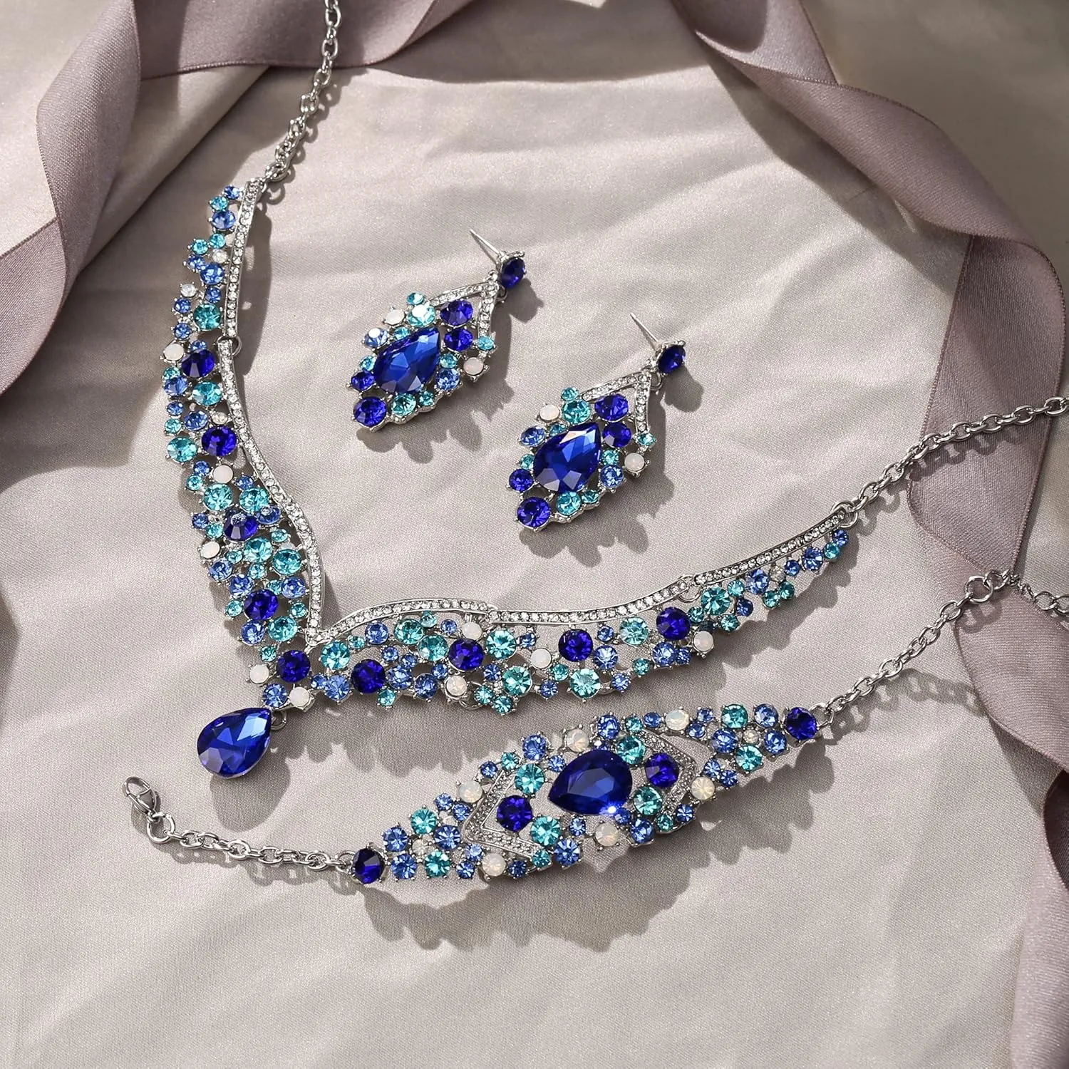 EVER FAITH Wedding Jewelry for Bride Austrian Crystal Elegant V-Shaped Statement Teardrop Necklace Earrings Bracelet Set