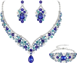 EVER FAITH Wedding Jewelry for Bride Austrian Crystal Elegant V-Shaped Statement Teardrop Necklace Earrings Bracelet Set