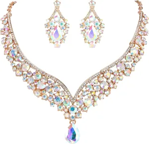 EVER FAITH Wedding Jewelry for Bride Austrian Crystal Elegant V-Shaped Teardrop Bridal Prom Statement Necklace Earrings Set for Women