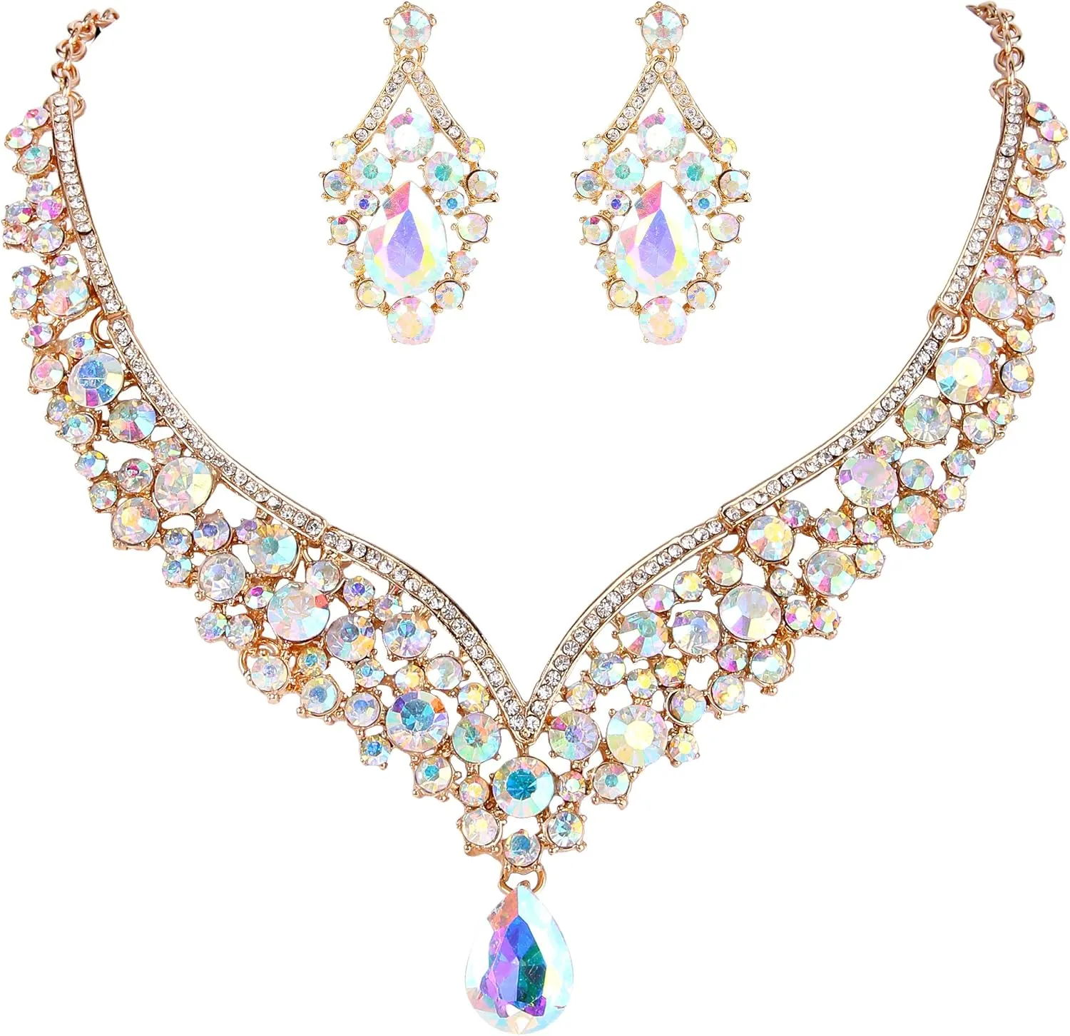 EVER FAITH Wedding Jewelry for Bride Austrian Crystal Elegant V-Shaped Teardrop Bridal Prom Statement Necklace Earrings Set for Women