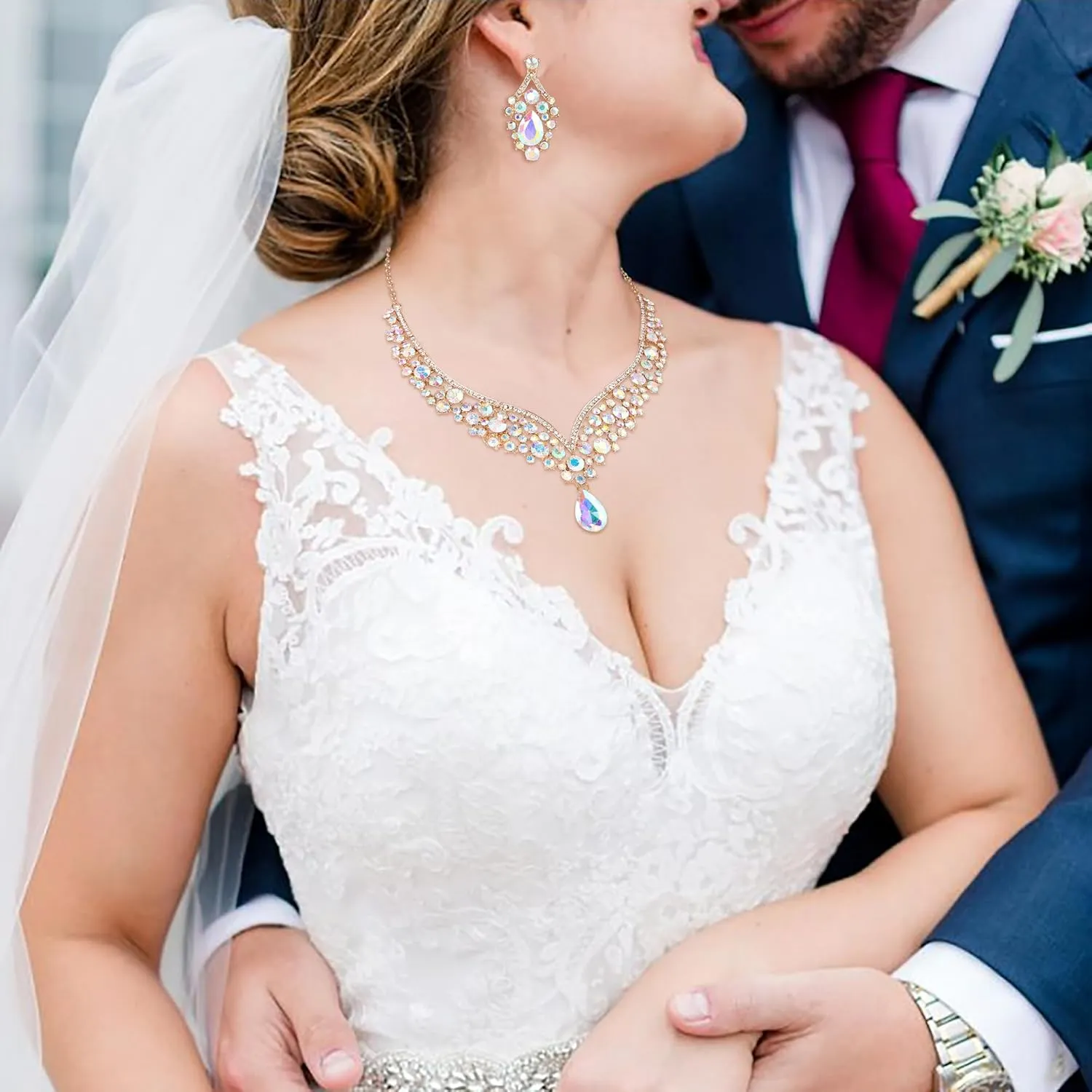 EVER FAITH Wedding Jewelry for Bride Austrian Crystal Elegant V-Shaped Teardrop Bridal Prom Statement Necklace Earrings Set for Women