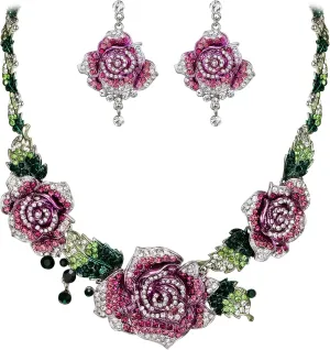 EVER FAITH Women's Austrian Crystal Blooming Rose Flower Necklace Earrings Set for Bride, Prom, Ball
