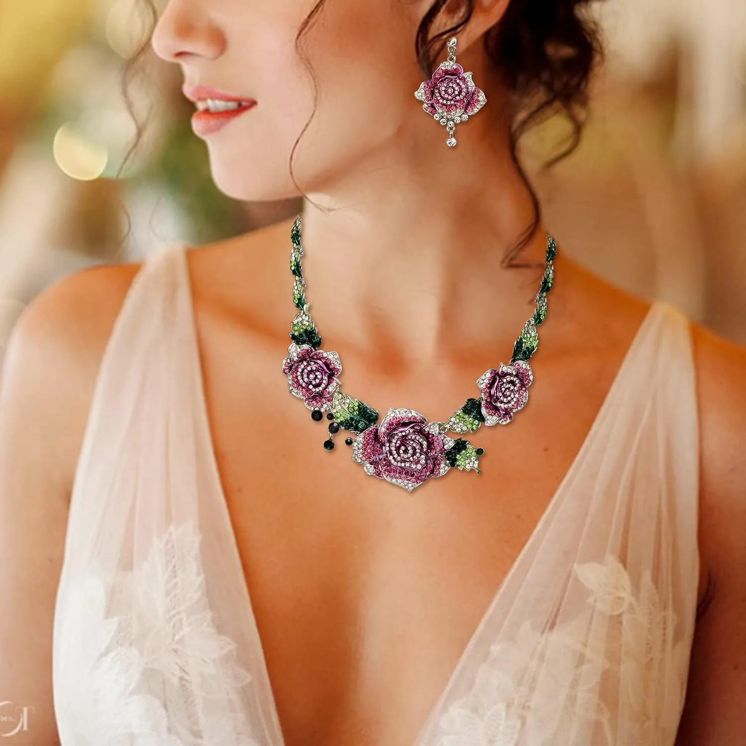 EVER FAITH Women's Austrian Crystal Blooming Rose Flower Necklace Earrings Set for Bride, Prom, Ball