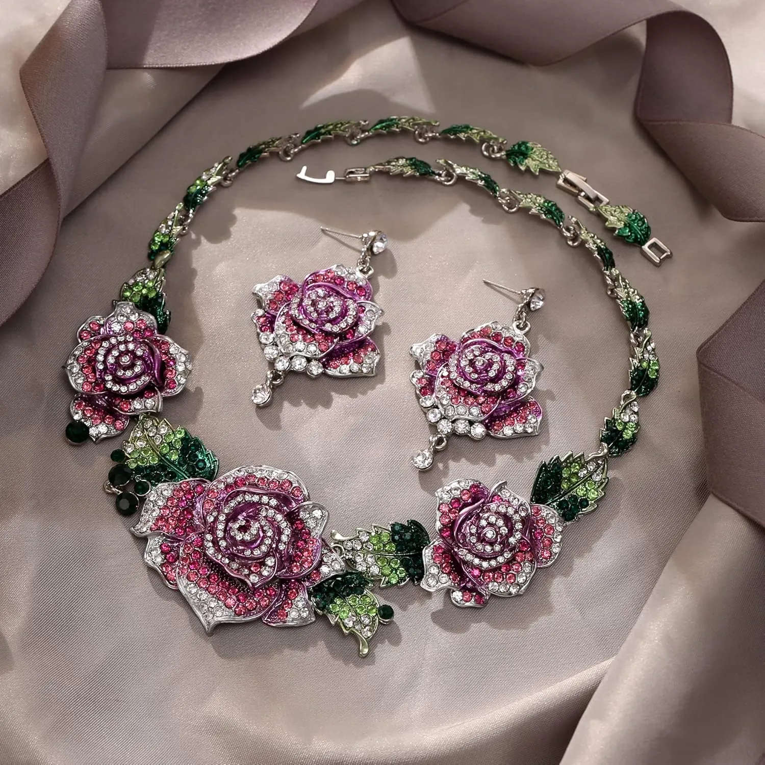 EVER FAITH Women's Austrian Crystal Blooming Rose Flower Necklace Earrings Set for Bride, Prom, Ball