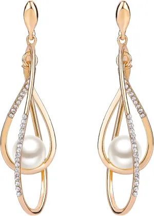 EVER FAITH Women's Austrian Crystal Simulated Pearl Twist Chandelier Teardrop Dangle Earrings Clear