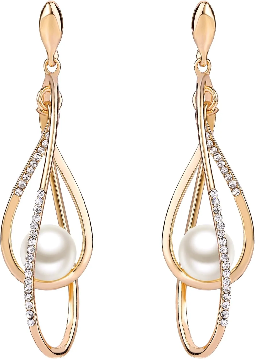 EVER FAITH Women's Austrian Crystal Simulated Pearl Twist Chandelier Teardrop Dangle Earrings Clear