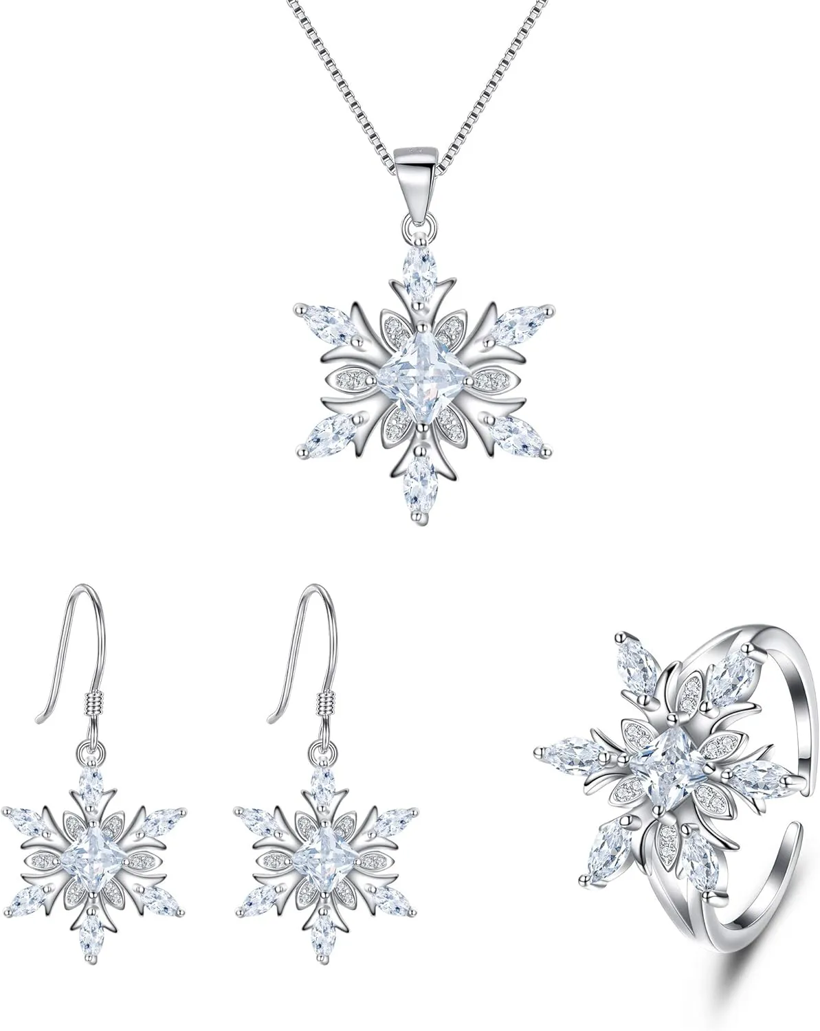 EVER FAITH Women's Jewelry 925 Sterling Silver Cubic Zirconia Elegant Winter Snowflake Party Necklace Earrings Ring Set