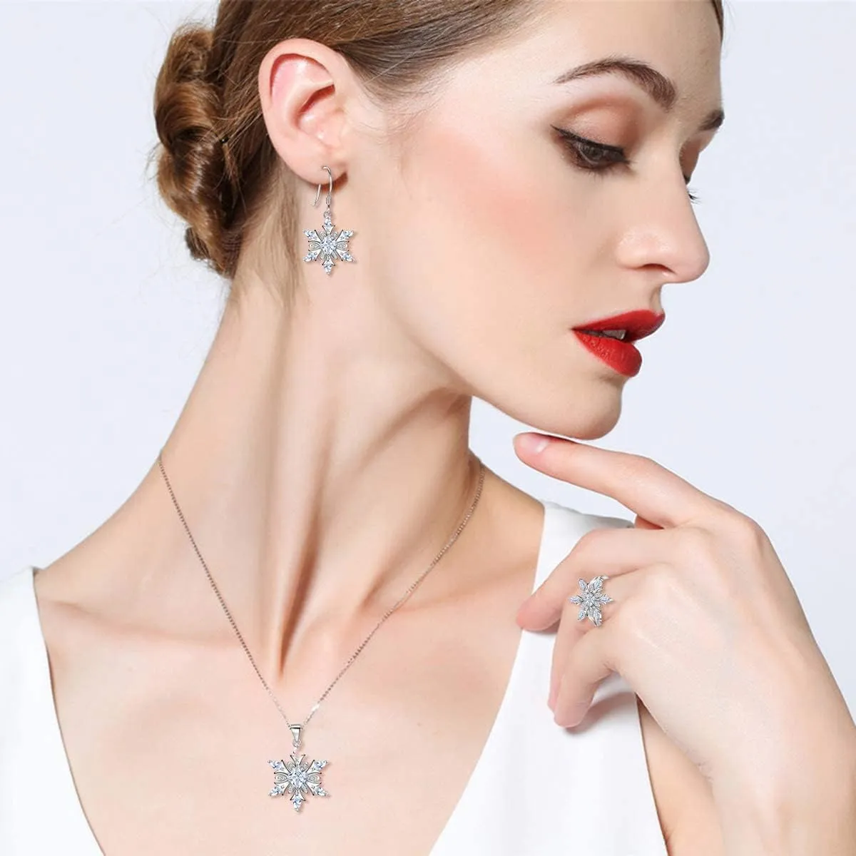 EVER FAITH Women's Jewelry 925 Sterling Silver Cubic Zirconia Elegant Winter Snowflake Party Necklace Earrings Ring Set