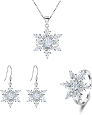 EVER FAITH Women's Jewelry 925 Sterling Silver Cubic Zirconia Elegant Winter Snowflake Party Necklace Earrings Ring Set
