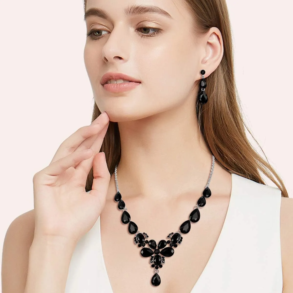 EVER FAITH Women's Wedding Jewelry Rhinestone Crystal Flower Teardrop Pendant Necklace Dangle Earrings Set