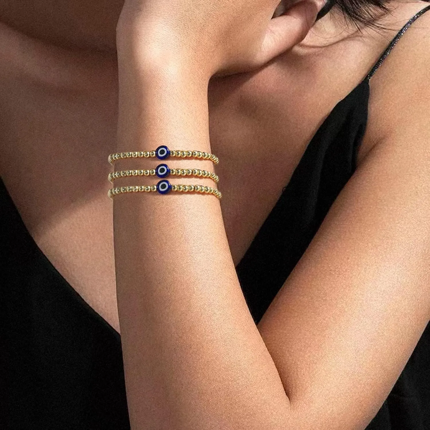 Evil Eye Luck Bracelet Gold Beaded Bracelet For Women Bracelets Set Blue Eye Bead Hand Stretch Bracelet Gifts For Bestfriends, Couple, Family Members, Siblings, Sister, Lover
