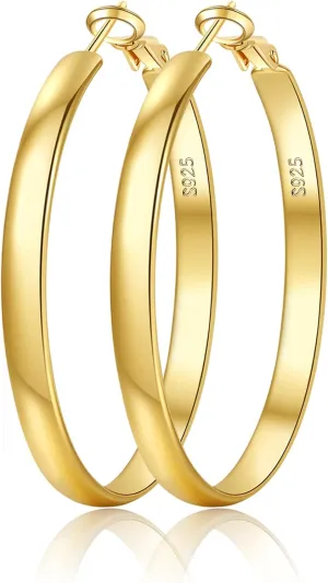 EXGOX 5mm Wide Gold Hoop Earrings for Women,Sterling Silver Hoop Earrings Large Silver Hoop Earrings Hypoallergenic Lightweight 14K Real Gold Plated Big Hoop Earrings for Women 30/40/50/60/70mm