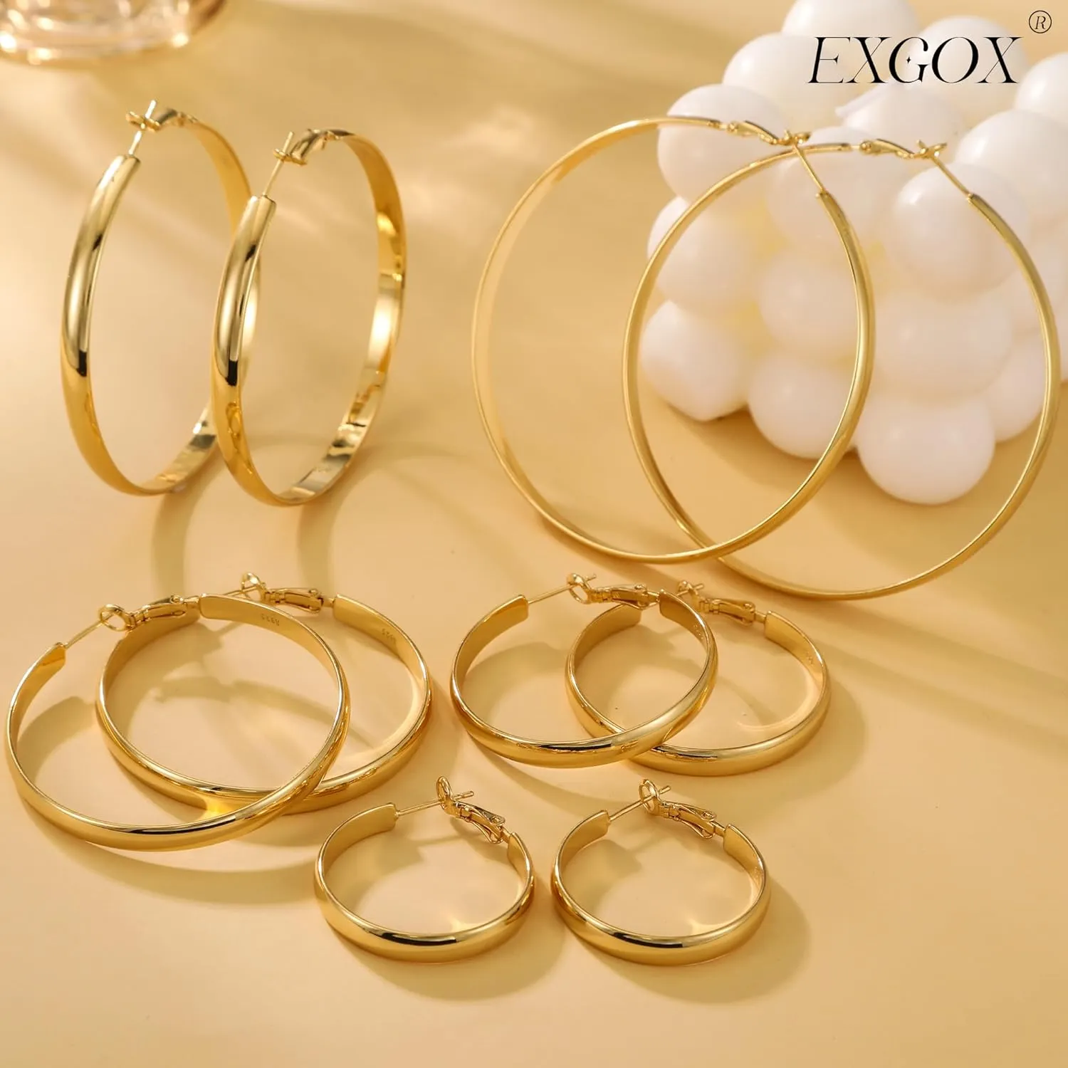 EXGOX 5mm Wide Gold Hoop Earrings for Women,Sterling Silver Hoop Earrings Large Silver Hoop Earrings Hypoallergenic Lightweight 14K Real Gold Plated Big Hoop Earrings for Women 30/40/50/60/70mm