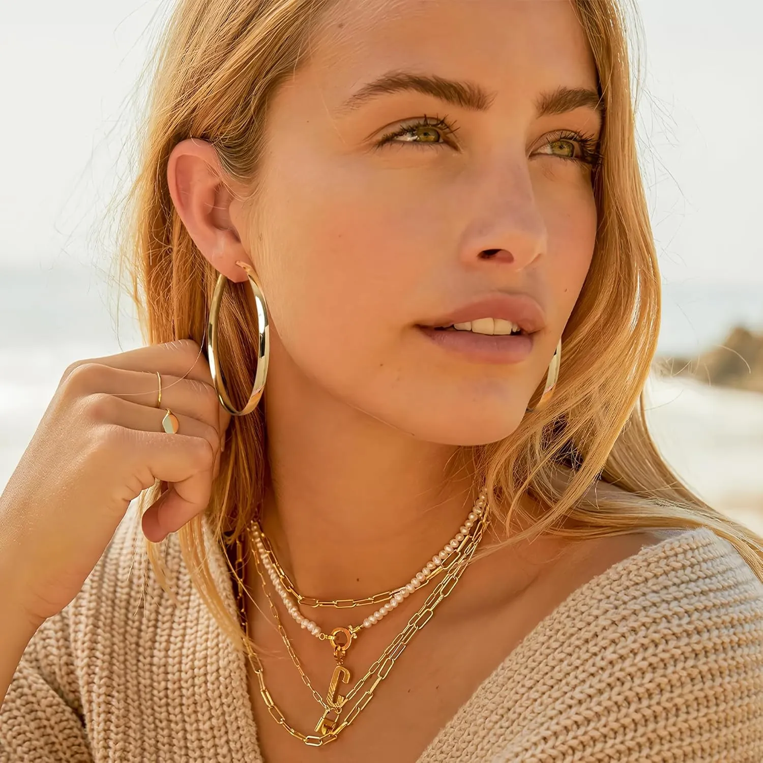 EXGOX 5mm Wide Gold Hoop Earrings for Women,Sterling Silver Hoop Earrings Large Silver Hoop Earrings Hypoallergenic Lightweight 14K Real Gold Plated Big Hoop Earrings for Women 30/40/50/60/70mm