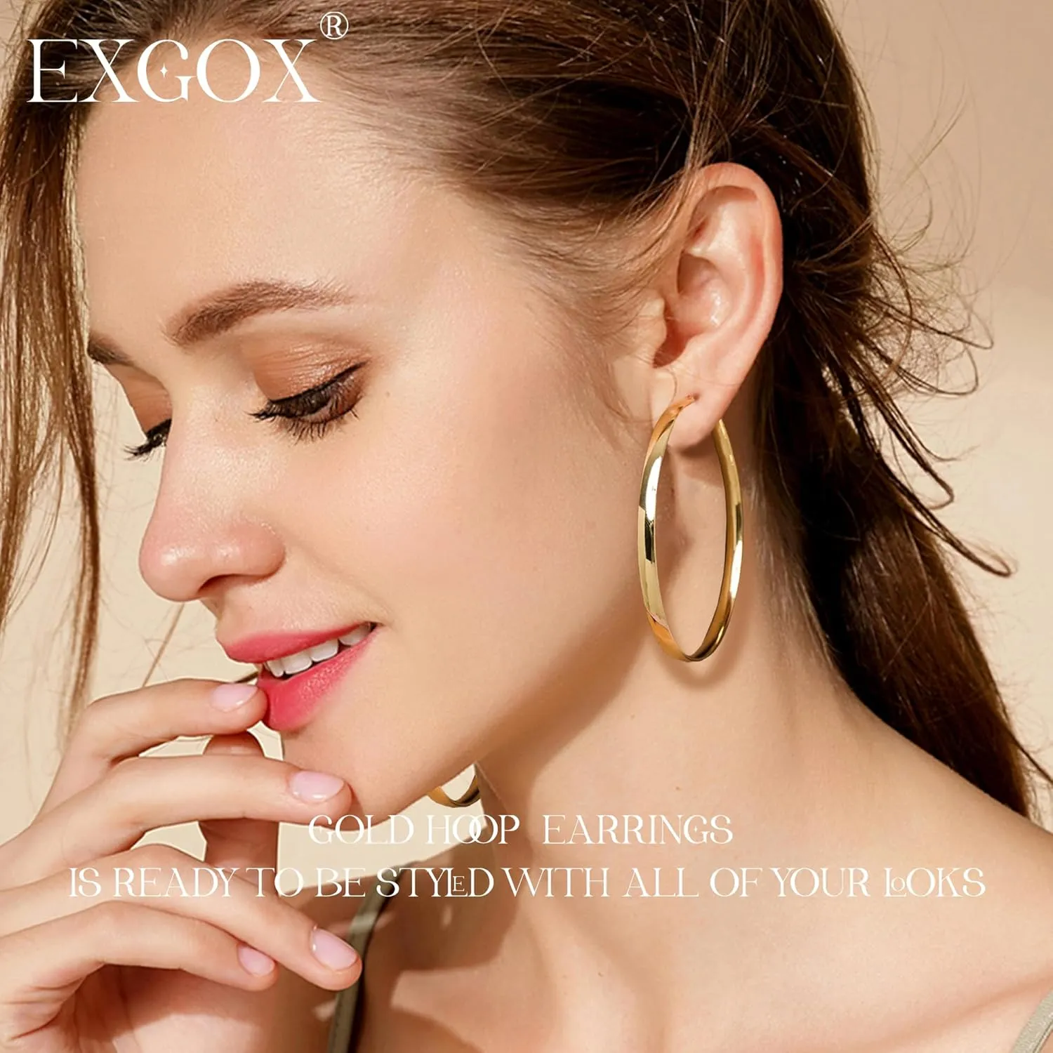 EXGOX 5mm Wide Gold Hoop Earrings for Women,Sterling Silver Hoop Earrings Large Silver Hoop Earrings Hypoallergenic Lightweight 14K Real Gold Plated Big Hoop Earrings for Women 30/40/50/60/70mm