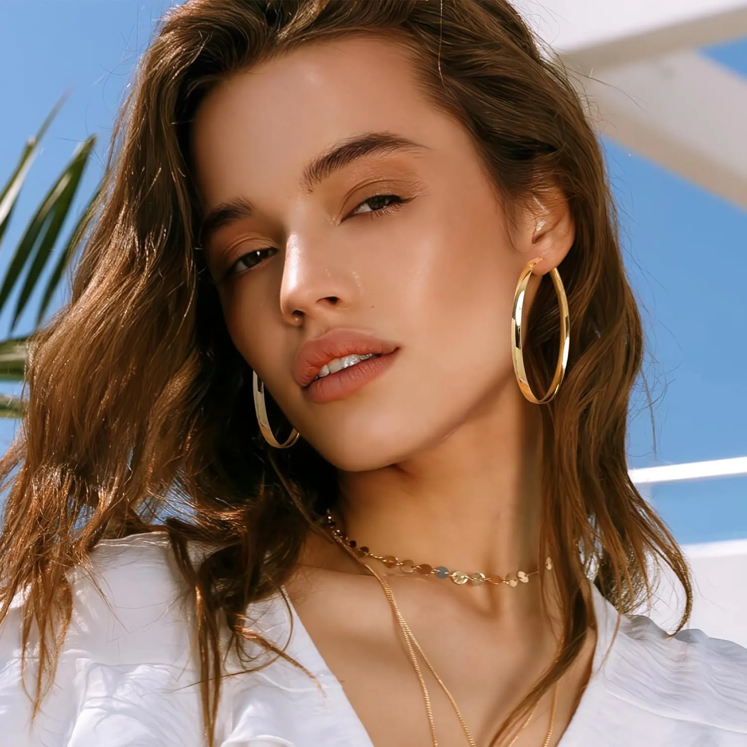 EXGOX 5mm Wide Gold Hoop Earrings for Women,Sterling Silver Hoop Earrings Large Silver Hoop Earrings Hypoallergenic Lightweight 14K Real Gold Plated Big Hoop Earrings for Women 30/40/50/60/70mm