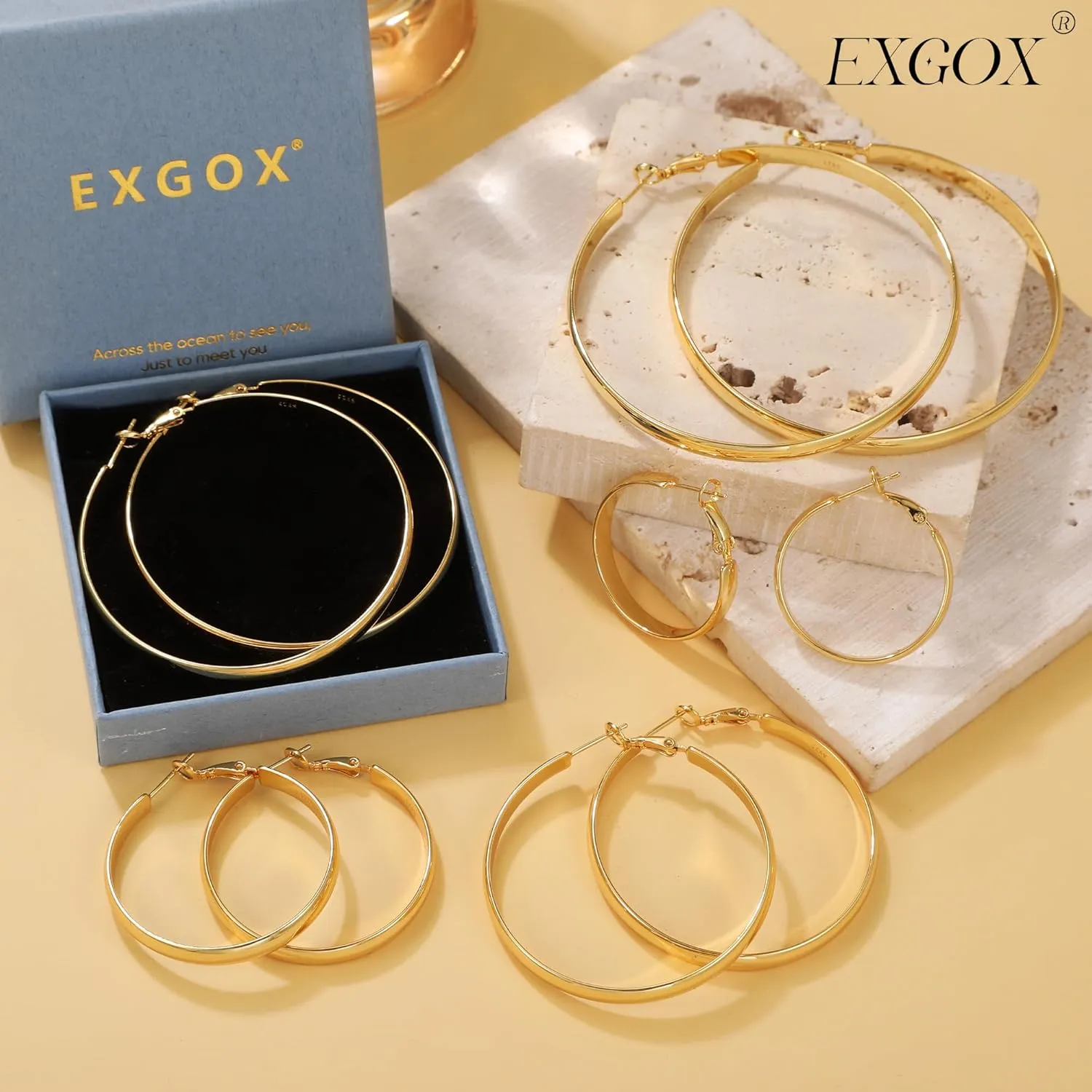 EXGOX 5mm Wide Gold Hoop Earrings for Women,Sterling Silver Hoop Earrings Large Silver Hoop Earrings Hypoallergenic Lightweight 14K Real Gold Plated Big Hoop Earrings for Women 30/40/50/60/70mm