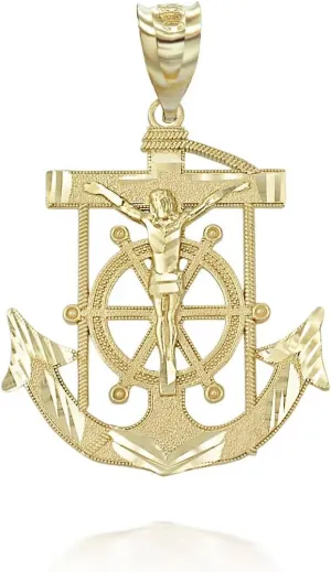 Exquisite 14K Yellow Gold Mariner Crucifix Jesus Christ Anchor Cross Nautical Pendant Necklace - Choice of Metal & Length