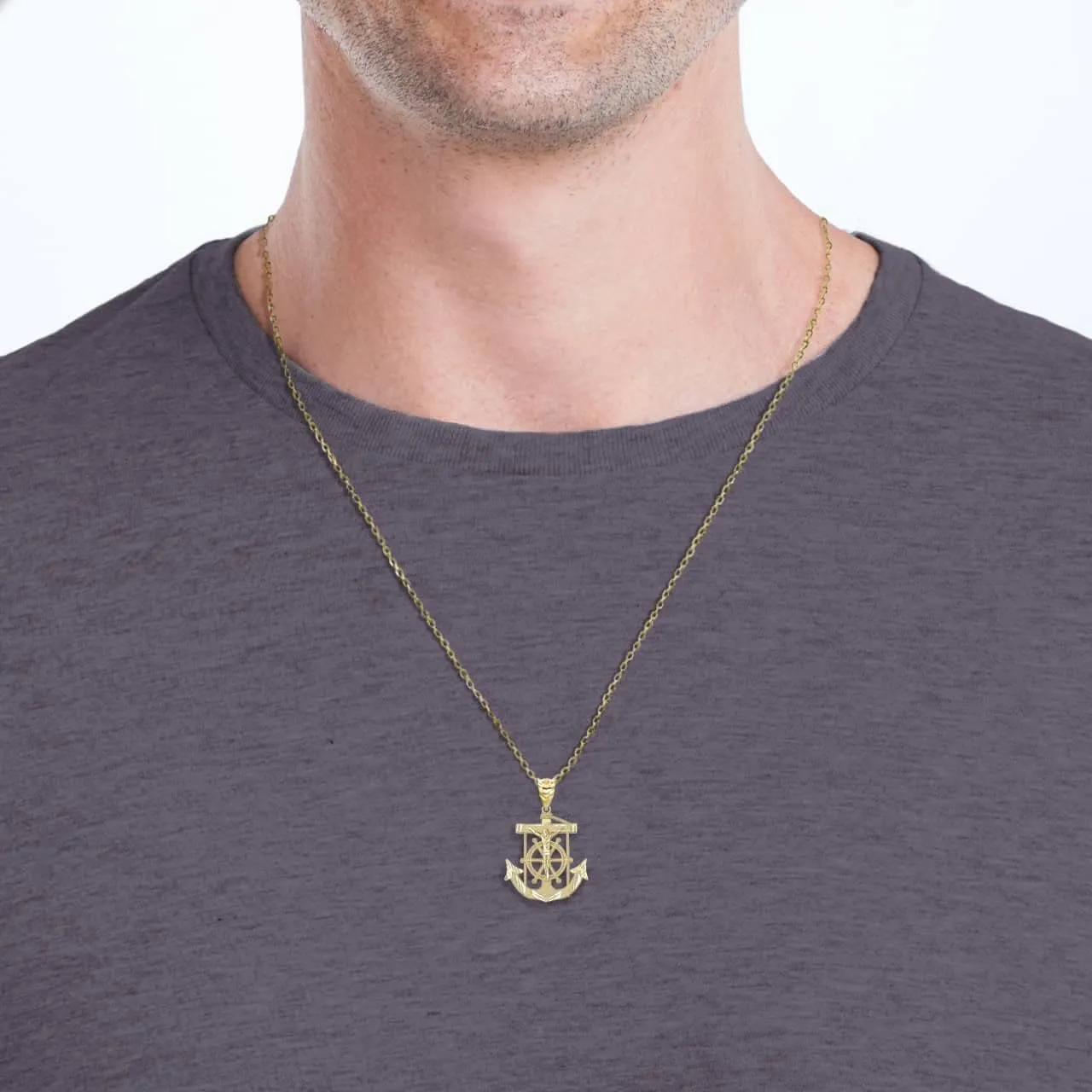 Exquisite 14K Yellow Gold Mariner Crucifix Jesus Christ Anchor Cross Nautical Pendant Necklace - Choice of Metal & Length
