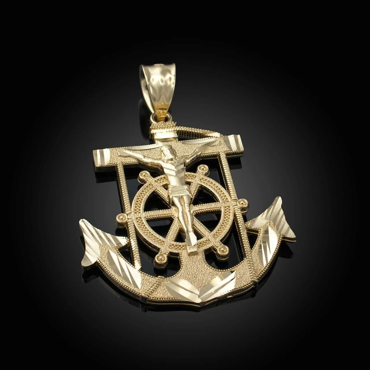 Exquisite 14K Yellow Gold Mariner Crucifix Jesus Christ Anchor Cross Nautical Pendant Necklace - Choice of Metal & Length