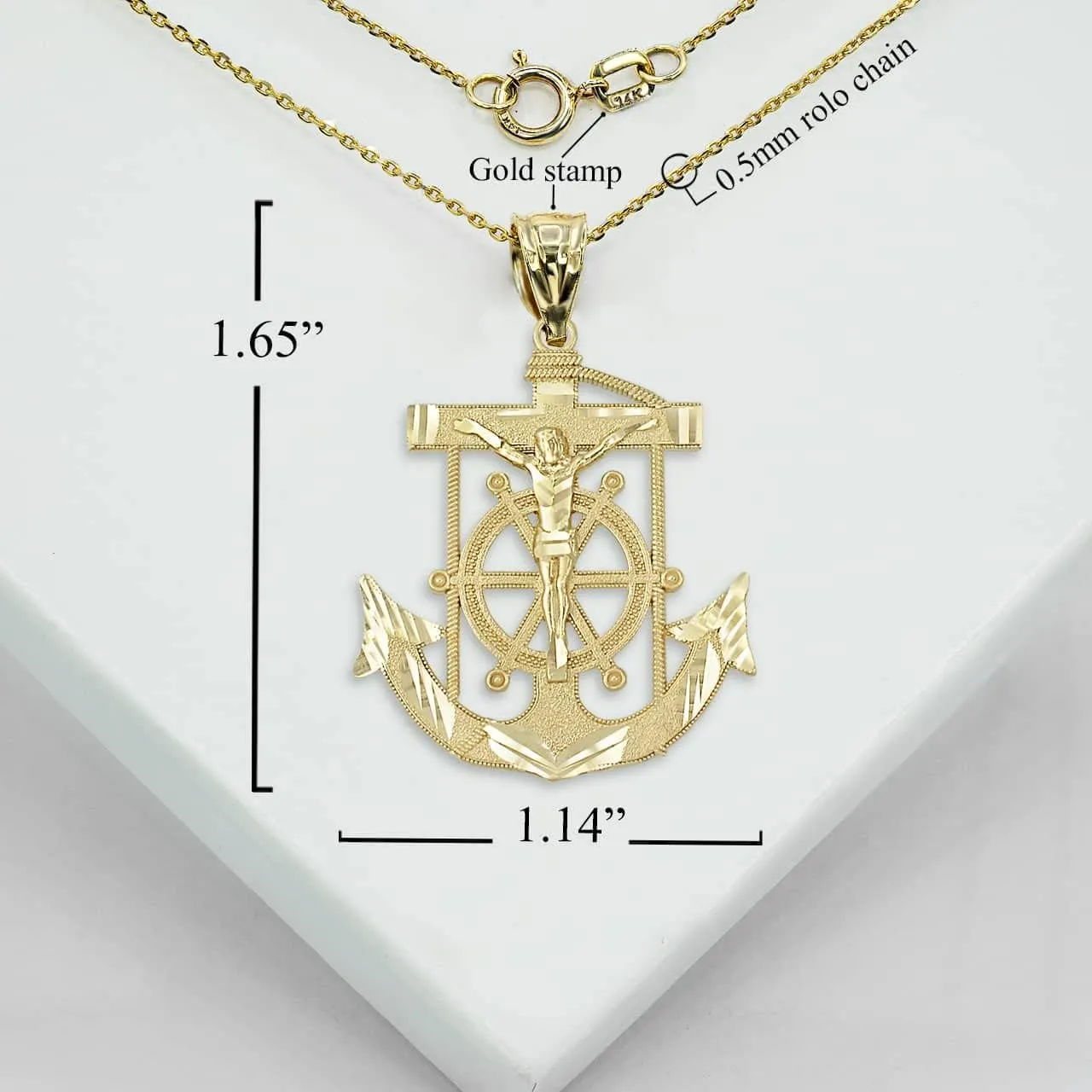 Exquisite 14K Yellow Gold Mariner Crucifix Jesus Christ Anchor Cross Nautical Pendant Necklace - Choice of Metal & Length
