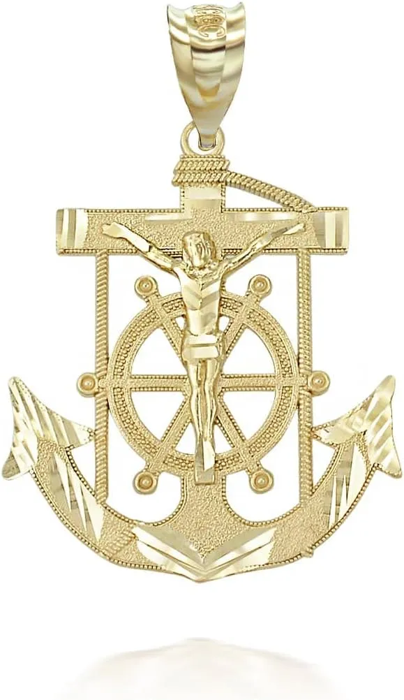Exquisite 14K Yellow Gold Mariner Crucifix Jesus Christ Anchor Cross Nautical Pendant Necklace - Choice of Metal & Length