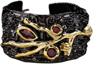 Exquisite and Unique Bohemian Black Gold Geometric Hollow Open Ring Adjustable Red Zircon Branch Ring Haute Couture Couple Party Ring