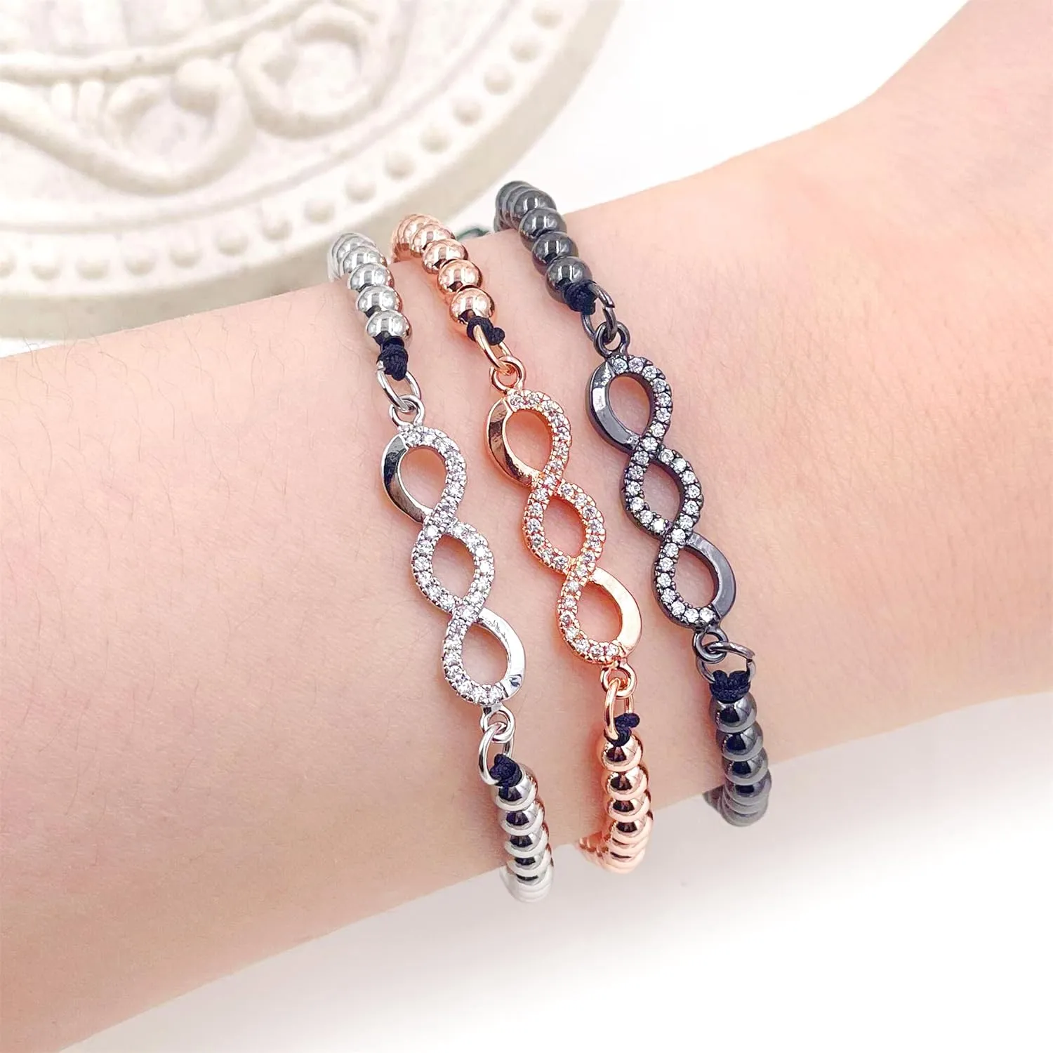 Exquisite Endless Shape Bracelet, Shinning Cubic Zirconia Brass Beaded Stretch Bracelet, Symbol of Infinite Love for Women, Family, Lover or Friends YA4845