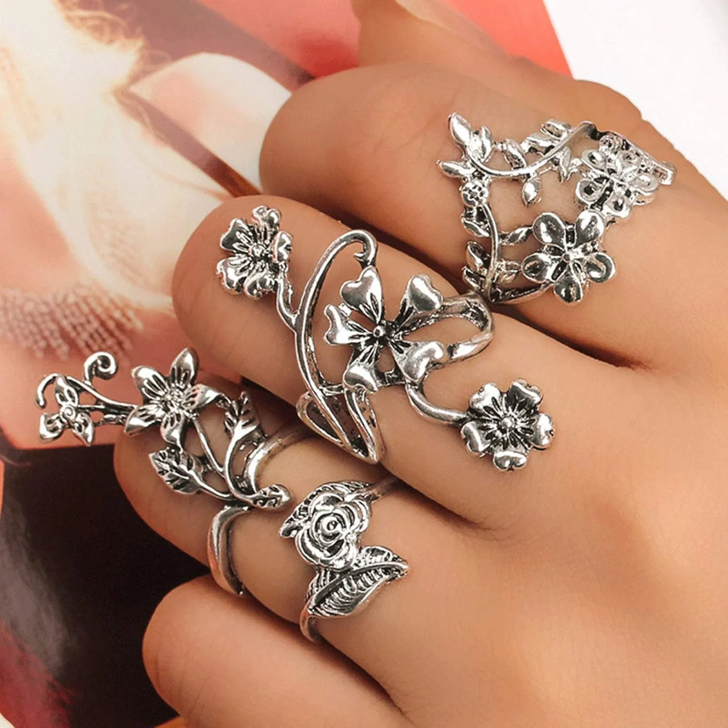 Exquisite Ring Fresh Style Ladies Couple Love Rings 4Pcs Women Vintage Stereo Flower Leaves Midi Finger Knuckle Rings Set Jewelry for Women/Girl Finger Rings DIY Jewelry Gifts