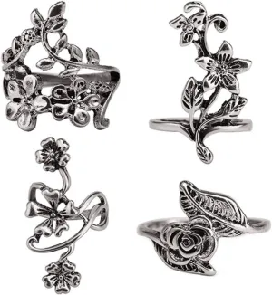Exquisite Ring Fresh Style Ladies Couple Love Rings 4Pcs Women Vintage Stereo Flower Leaves Midi Finger Knuckle Rings Set Jewelry for Women/Girl Finger Rings DIY Jewelry Gifts
