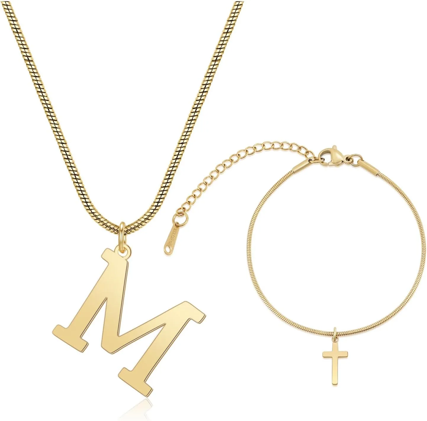 Fashion 2 Pack 18K Gold Plated Initial Jewelry Necklace Bracelet Set for Women - Adjustable Letter M Necklace with Cross Bracelet Jewelry for Bride Wedding Prom Gift