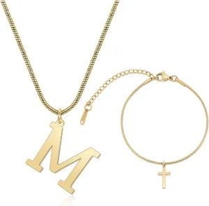 Fashion 2 Pack 18K Gold Plated Initial Jewelry Necklace Bracelet Set for Women - Adjustable Letter M Necklace with Cross Bracelet Jewelry for Bride Wedding Prom Gift
