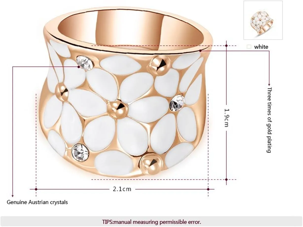 Fashion Month Womens Elegant White Enamel Flower Rose Gold Band Bloom Petal Wedding Engagement Ring Crystal Inlay