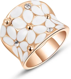 Fashion Month Womens Elegant White Enamel Flower Rose Gold Band Bloom Petal Wedding Engagement Ring Crystal Inlay