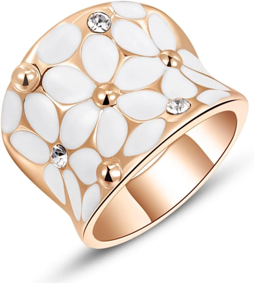Fashion Month Womens Elegant White Enamel Flower Rose Gold Band Bloom Petal Wedding Engagement Ring Crystal Inlay