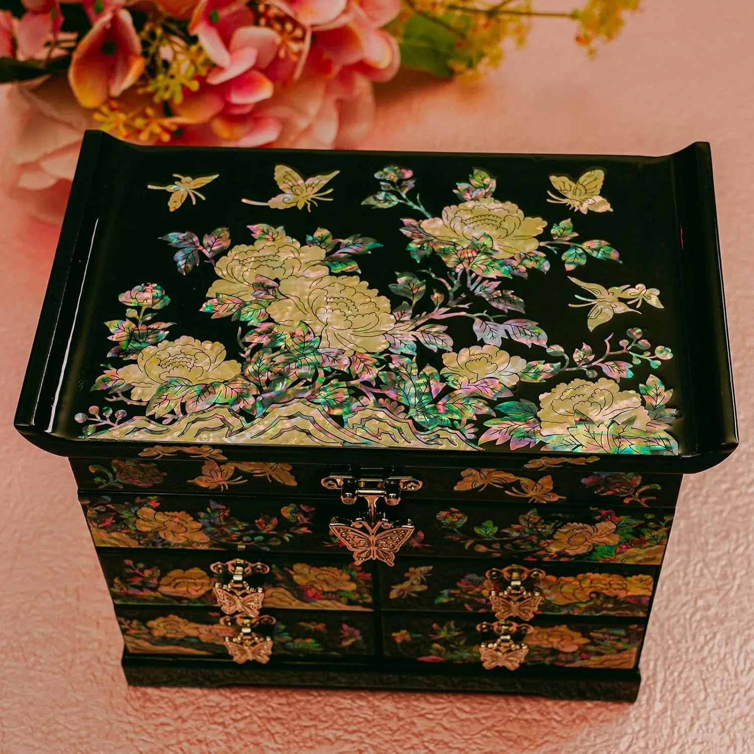 February Mountain Mother of Pearl Jewelry Box with Traditional Mother of Pearl Inlay - Elegant Floral and Butterfly Design for Her