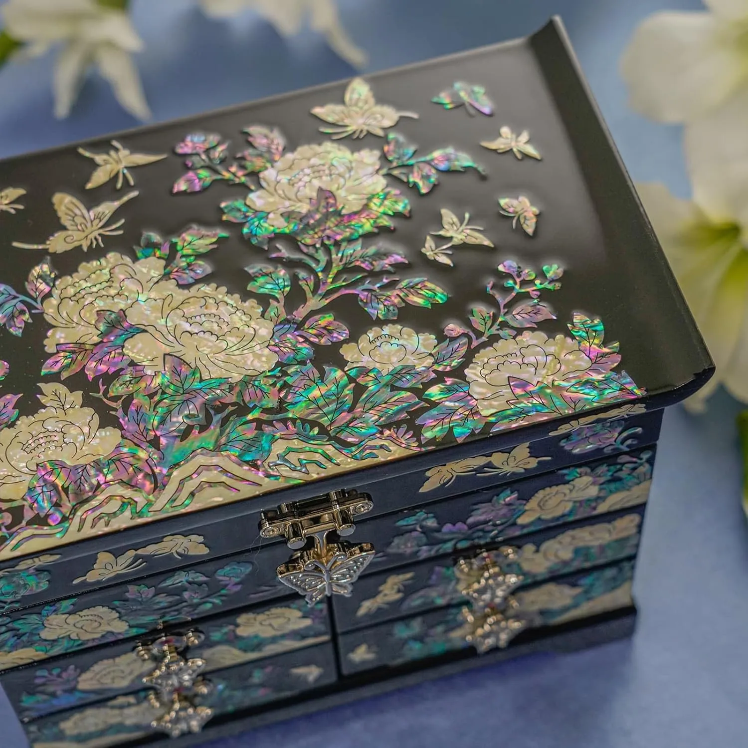 February Mountain Mother of Pearl Jewelry Box with Traditional Mother of Pearl Inlay - Elegant Floral and Butterfly Design for Her