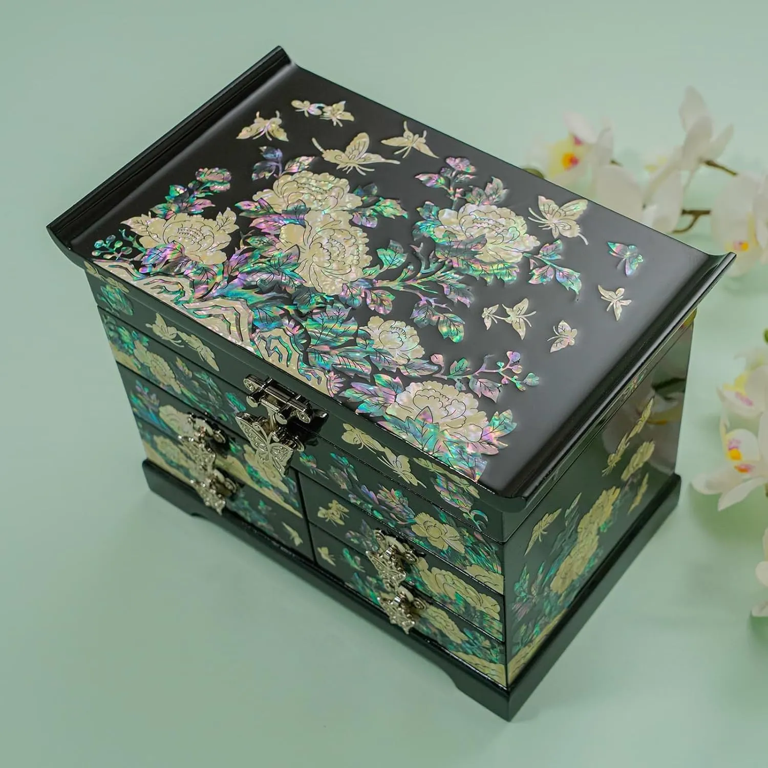 February Mountain Mother of Pearl Jewelry Box with Traditional Mother of Pearl Inlay - Elegant Floral and Butterfly Design for Her