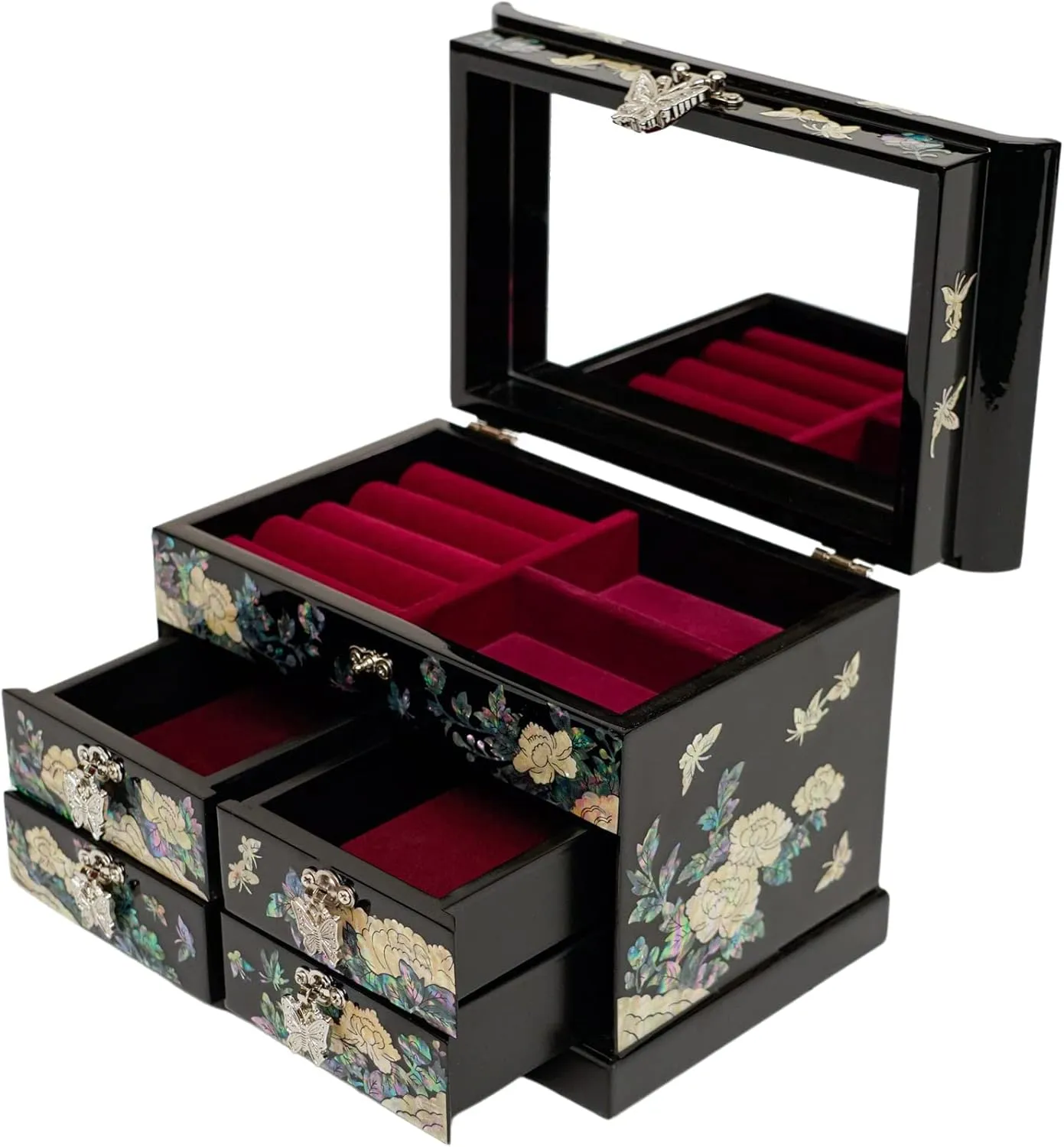 February Mountain Mother of Pearl Jewelry Box with Traditional Mother of Pearl Inlay - Elegant Floral and Butterfly Design for Her