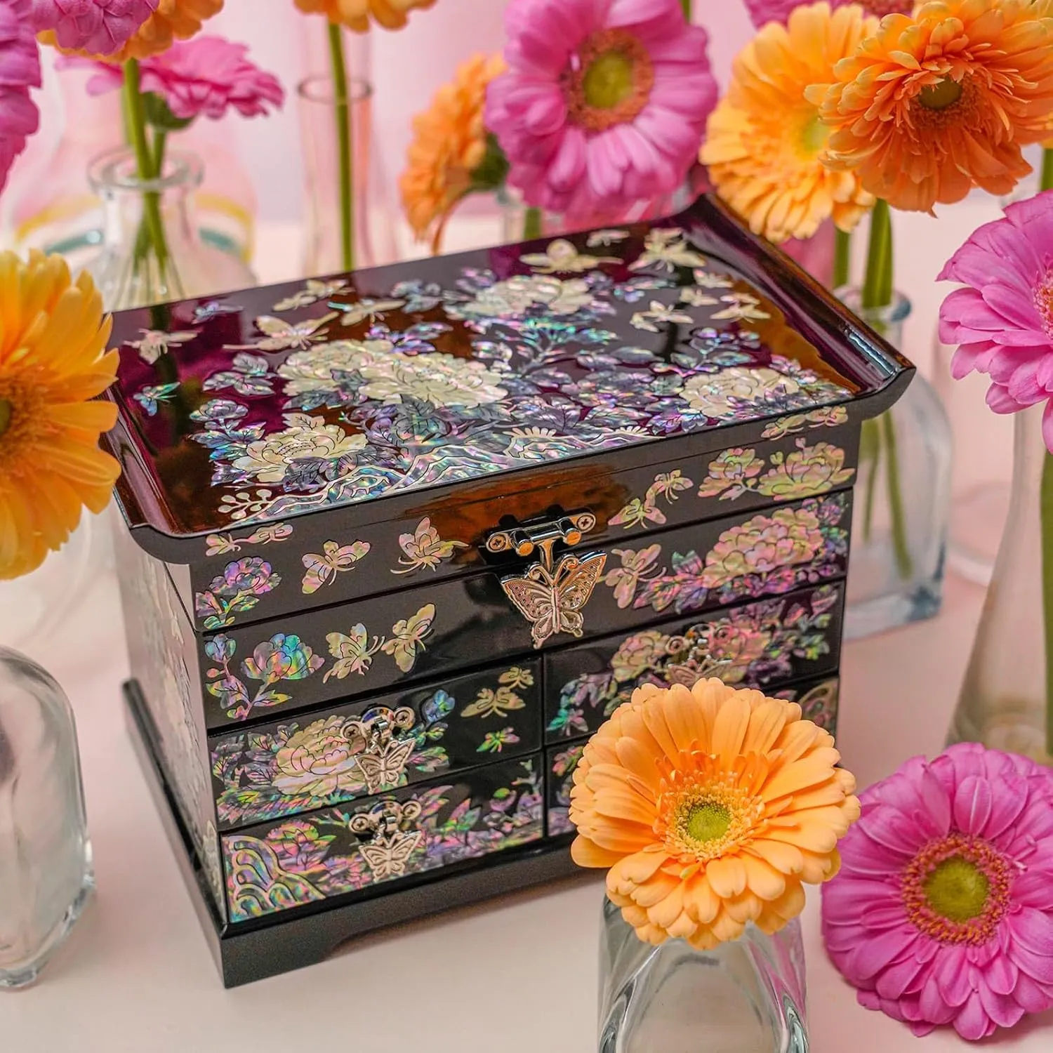 February Mountain Mother of Pearl Jewelry Box with Traditional Mother of Pearl Inlay - Elegant Floral and Butterfly Design for Her