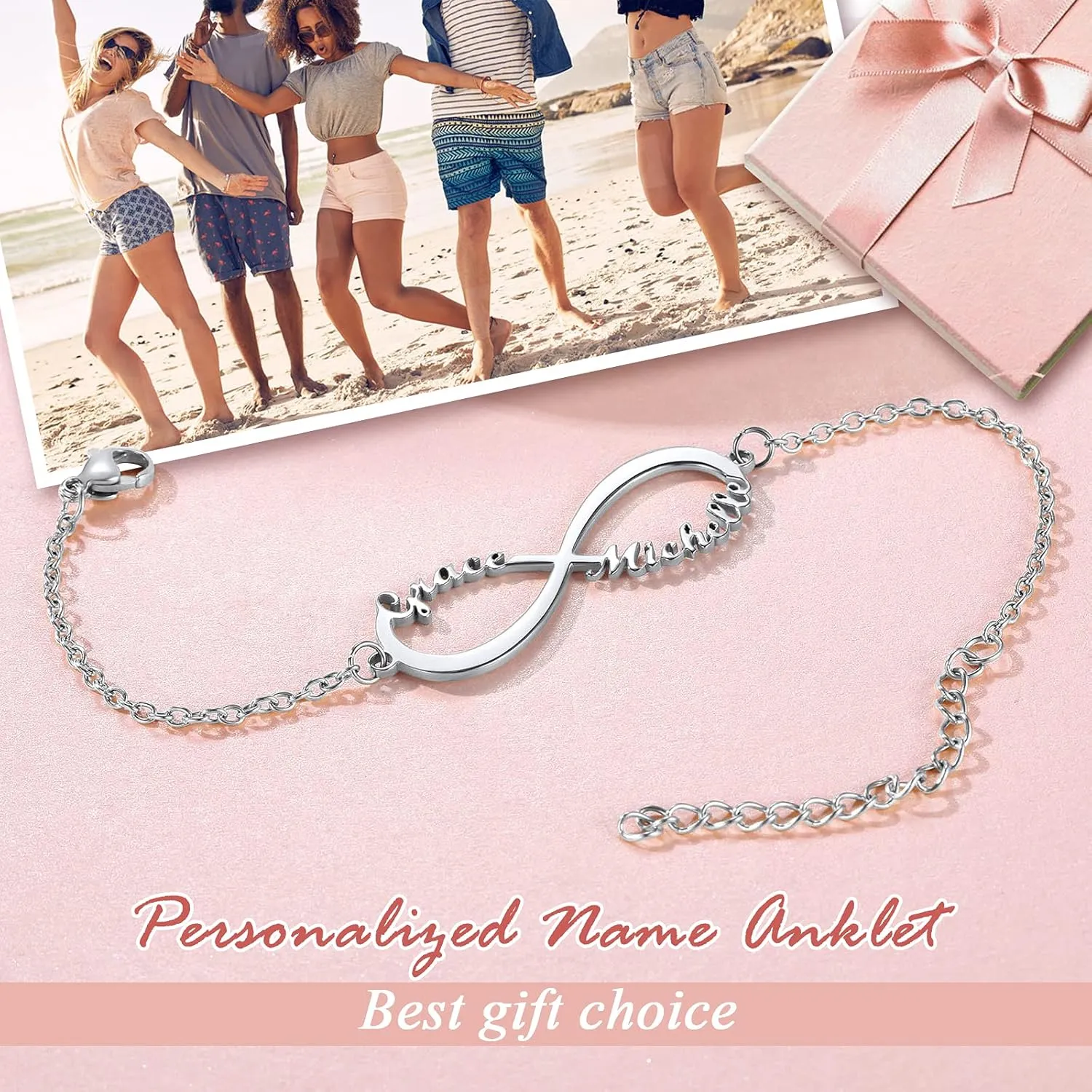 FindChic Custom Name Ankle Bracelets for Women Girls Infinity Anklet with 1 2 3 4 Names Stainless Steel/18K Gold Plated 6.5'' to 10.5'' Length Personalized Foot Jewelry Gift for Her, Send Gift Box