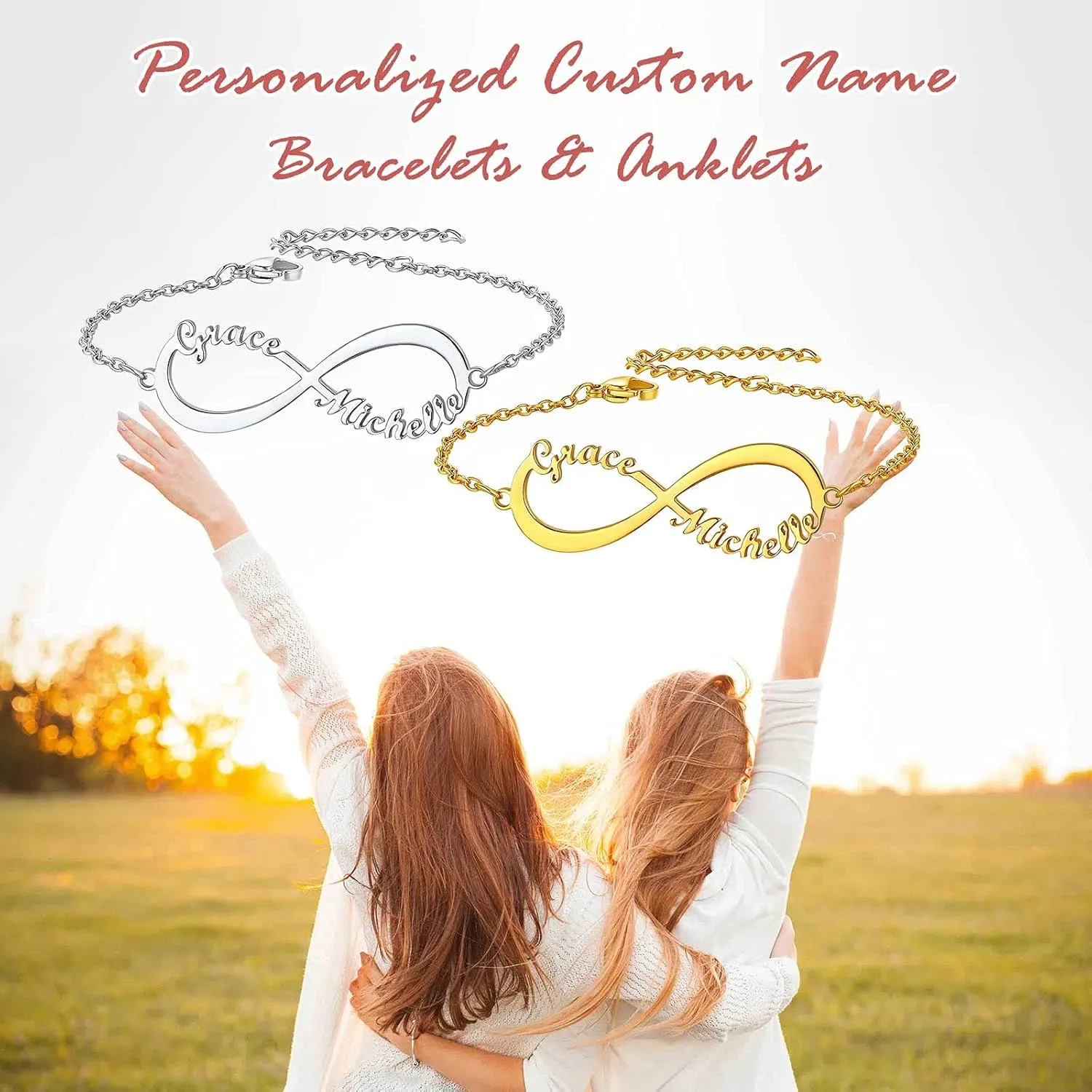 FindChic Custom Name Ankle Bracelets for Women Girls Infinity Anklet with 1 2 3 4 Names Stainless Steel/18K Gold Plated 6.5'' to 10.5'' Length Personalized Foot Jewelry Gift for Her, Send Gift Box