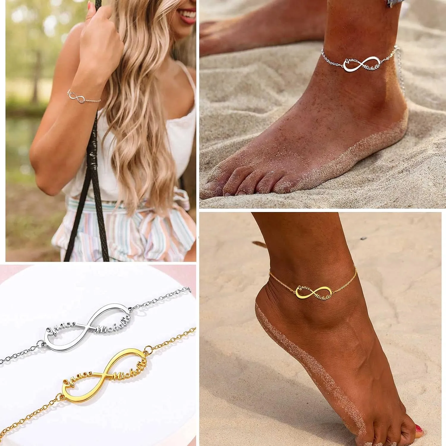 FindChic Custom Name Ankle Bracelets for Women Girls Infinity Anklet with 1 2 3 4 Names Stainless Steel/18K Gold Plated 6.5'' to 10.5'' Length Personalized Foot Jewelry Gift for Her, Send Gift Box
